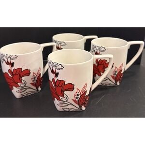 Coventry Porcelain Velvet Bouquet Red Black Floral Coffee Cups Mugs 8oz Set Of 4